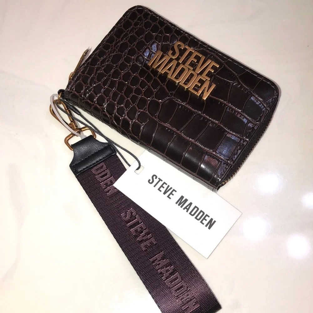 Steve Madden BJESS Brown Multi Faux Leather Croc Embossed ZA Wallet + Strap NWT
